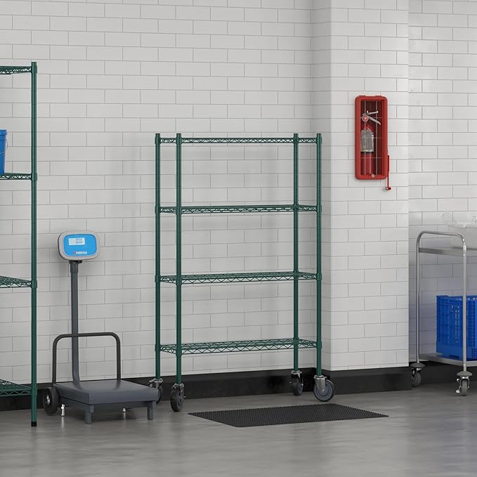 Commercial NSF Listed Green Epoxy Mobile Wire Shelving Kit 12" x 36" x 60", with 4 Shelves Perfect for Warehouse, Walk-in Refrigerator, Freezer, Grocery Store, Restaurant, Dishroom