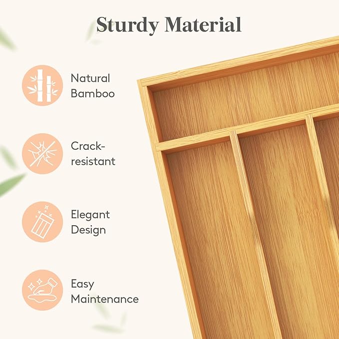 Lifewit Silverware Drawer Organizer, Utensil Tray for Kitchen, 4 Slot Flatware and Cutlery Holder, Storage for Spoons Forks Knives, Natural