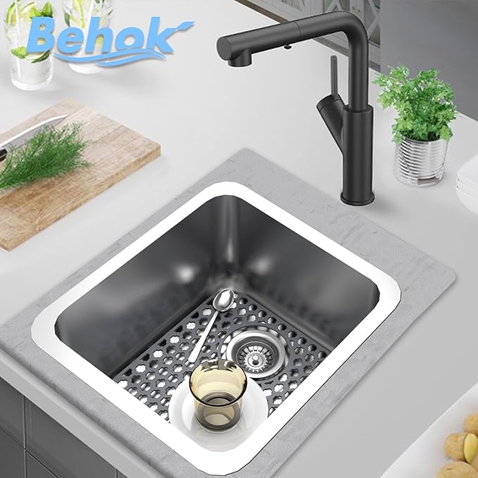 BEHOK 2 Pack Silicone Sink Protector for Kitchen Sink Bathroom, 13.58" x 11.6" Heat-resistant Sink Mat Non-Slip and Durable Silicone Protectors, Rear Drain, Gray