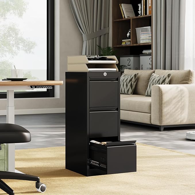 3-Drawer Metal Filing Cabinet with Lock, Vertical Heavy Duty Steel File Organizer for Home Office, Secure Storage for Letter, Legal, A4, F4 Documents – Professional Office Furniture, Black