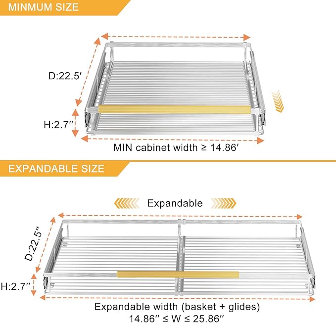 SANNO Chrome Expandable Pull Out Kitchen Cabinet Organizer, 14"-25" Width, 22.24" Depth, 2.7" Height, 2 Shelves, Modern Style, Bottom-Mounted, Easy Install, Kitchen Use