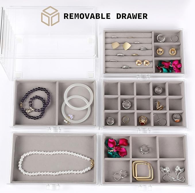 Clear Jewelry Organizer with 5 Drawers, Earring Organizer Jewelry Boxes for Women, Acrylic Earrings Display Holder for Storing Necklaces Earrings Rings, Grey