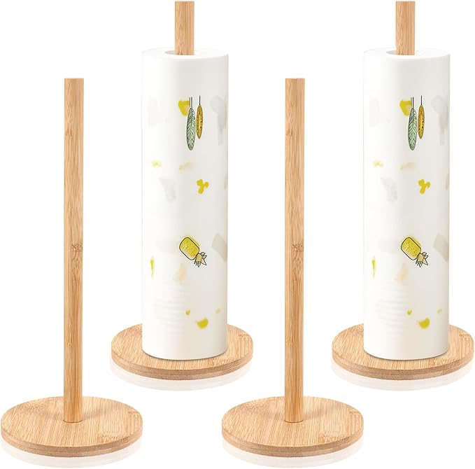 SHENLIU 4Pcs Wood Paper Towel Holder Stand, Kitchen Paper Hanger Rack Bathroom Towel Roll Stand Organizer Non-Slip Countertop Standing Papers Roll Holder for Kitchen Bathroom Countertop