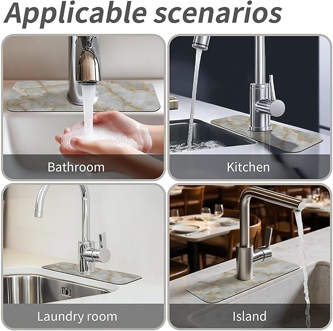 Kitchen Sink Splash Guard，Light gray marble Faucet Mat Sink Gadgets-Super Absorbent Fast Drying Mat Drip Catcher for Kitchen, Bathroom,Sink Mat, Dish Drying Mat, Bathroom(15" X 5.5" )
