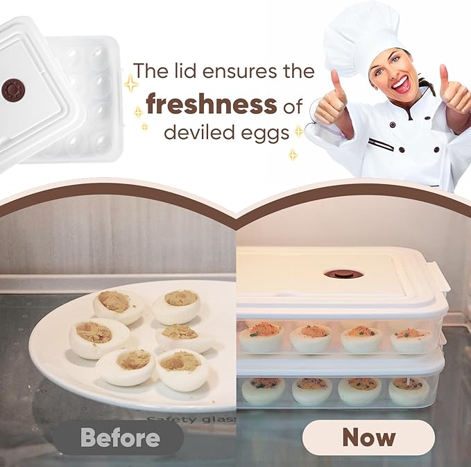 77L Deviled Egg Containers with Lid, (Set of 2), Plastic Deviled Egg Carrier with Handle for 48 Eggs, Clear Storage Devil Egg Platter, Fridge Portable Egg Tray, Perfect for Picnic and Party (White)