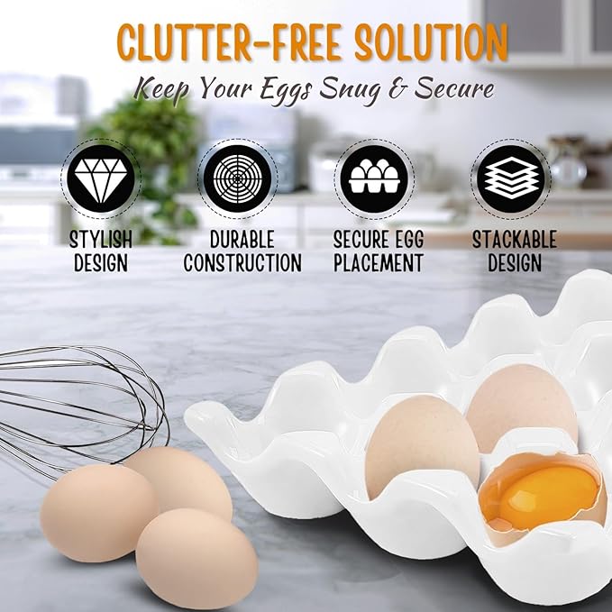 Flexzion 12 + 6 Cups Ceramic Egg Holder for Fridge - 18 Porcelain Egg Tray Container Keeper Storage Organizer Decorative Serving Stand Serveware for Refrigerator Countertop Display Kitchen (White)