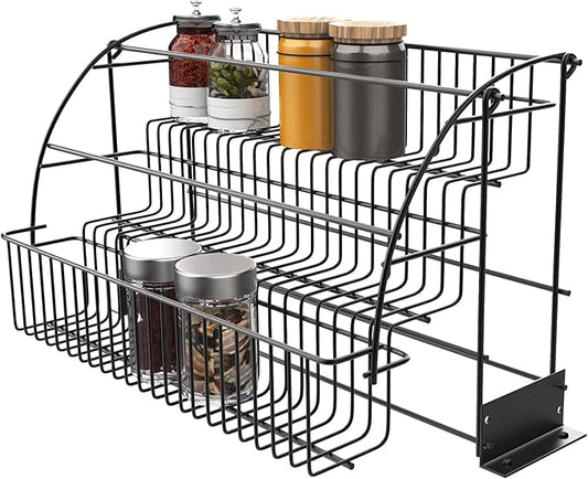 3-Tier Pull Down Spice Rack Organizer, Black Kitchen Shelf for Inside Cabinet, Countertop Storage Rack Space-Saving Organizer for Home Cooks