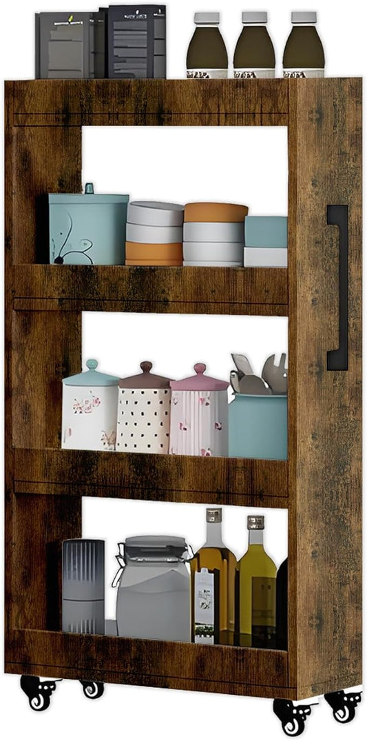 7-Tier Slim Rolling Storage Cart, Wooden Narrow Pantry Cabinet with Wheels, Tall Space-Saving Shelf Organizer for Kitchen, Laundry, Bathroom (Flamed Wood Color, 47.2" H*5.9" W*23.6" D)
