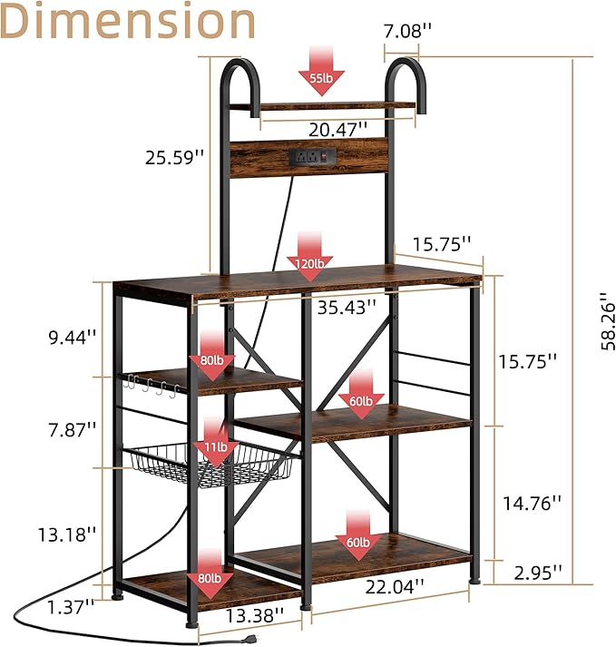 JAMFLY Bakers Rack with Power Outlet, Microwave Stand, kitchen Storage Shelf with 6 Hooks, Coffee Bar Station with Wire Basket, 6 Tier Kitchen Rack for Living Room, Spice, Pots and Pans Organizer