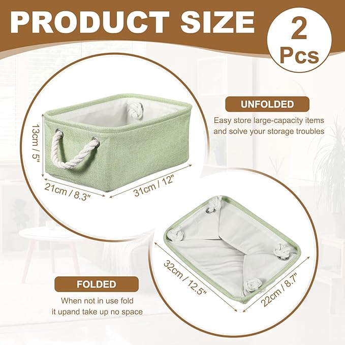 uxcell 2Pcs Fabric Storage Bins, 12 x 8.3 x 5 Inch Foldable Storage Cubes with Rope Handles Collapsible Bins Baskets for Home Office Shelves Closet Clothes Books Organizing, Green