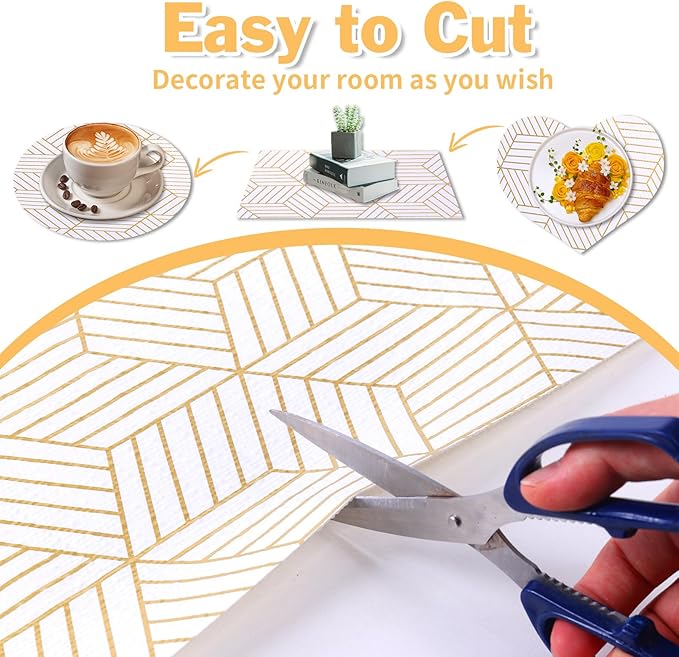 Shelf Liners for Kitchen Cabinets Non Adhesive Shelf Liner Paper Non-Slip Thickened Drawer Liner Easy to Clean for Tool Box Refrigerator with Knife and Tape Measure, Gold Geometric, 17.3 x 236.2 in