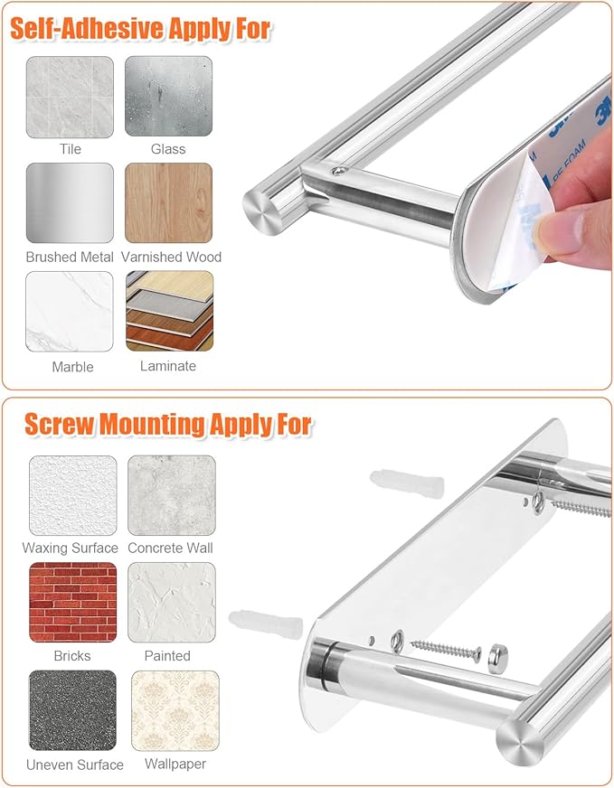 YUET Toilet Roll Holder, Self Adhesive or Screw In Wall Mounted Options, Double Post Pivoting Tissue Roll Holder, Stainless Steel Rustproof Stick On No Drilling Wall Mount for Bathroom Poilshed Chrome