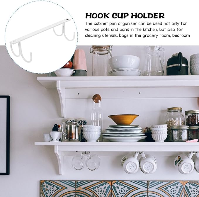 Cabinet Mug Hooks Rack, White Iron Kitchen Rack with 4 Hooks, Space-Saving Cupboard Holder and Utensil Organizer for Kitchen Storage