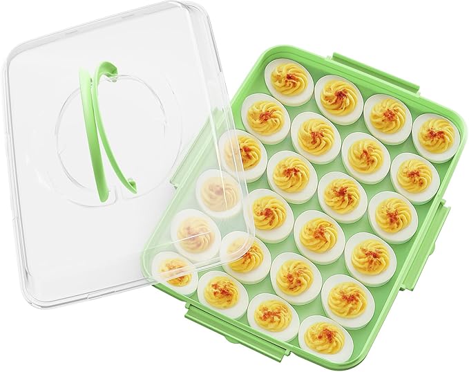 Deviled Egg Containers with Lid - 2 Pack 48 Count Reusable Platter Storage Tray with Handle for Refrigerator, Party, Thanksgiving, Christmas, Easter, Potlucks, Tea Parties, Picnics, Brunches (Green)