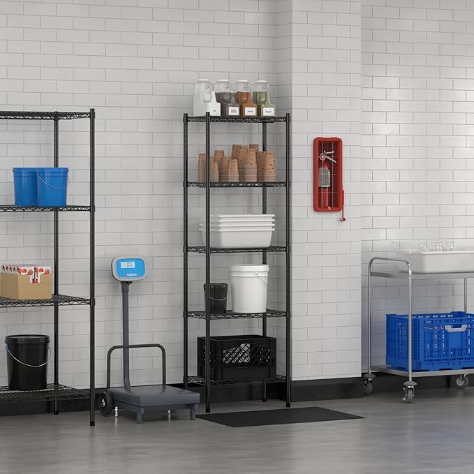 Commercial NSF Listed Black Epoxy Stationary Wire Shelving Kit 14" x 24" x 74", with 5 Shelves Perfect for Warehouse, Walk-in Refrigerator, Freezer, Grocery Store, Restaurant, Dishroom