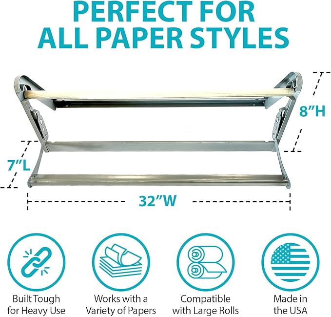 24" Wide Roll Paper Dispenser with Cutter for Desktop – Roll Dispenser with Straight Edge Cutter – Fits Craft, Freezer, Wrapping, Butcher Paper Roll or Cling Film – Heavy-Duty, Grey
