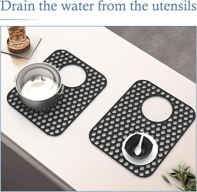 BEHOK 2 Pack Silicone Sink Protector for Kitchen Sink, 13.58" x 11.6" Heat-resistant Sink Mat Non-Slip and Durable Silicone Protectors, Rear Drain, Black