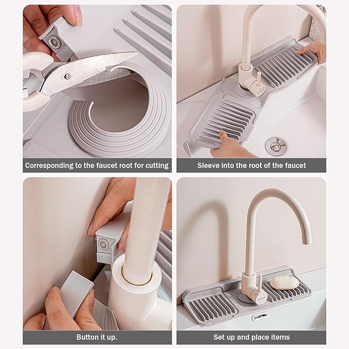 Longer Silicone Faucet Mat for Kitchen Sink – Button Style Faucet Drip Catcher & Leak-Proof Sink Splash Guard with 6° Slope, Behind Faucet Draining Mat,Gadgets for Bathroom (light grey, small)