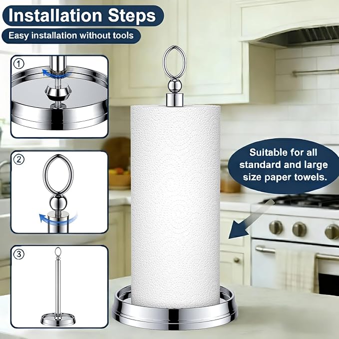 Paper Towel Holder (with Heavy Weighted Base) Steel Paper Holder countertop，Black Paper Towel Holder for Kitchen Countertops, Bars & Dining Tables,Fits Standard & Jumbo Rolls,Chrome