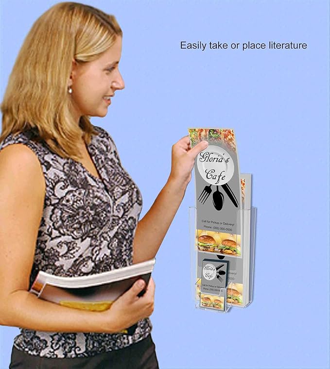 Marketing Holders Trifold Holder for 4 Inch Paper with Vertical Business Card Slot Pack of 12 Display Wall or Countertop Printed Media Clear Acrylic Real Estate Museums Travel Agency