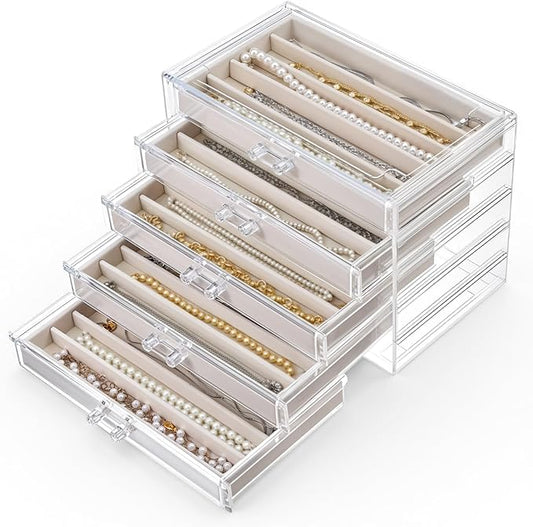 5 Layer Acrylic Necklace Storage Drawer, Dustproof Jewelry Box Organizer with 5 Drawers Dustproof Necklaces Box Clear Acrylic Jewelry Boxes for Women Girls Ring Necklace Earring Bracelet Organizers