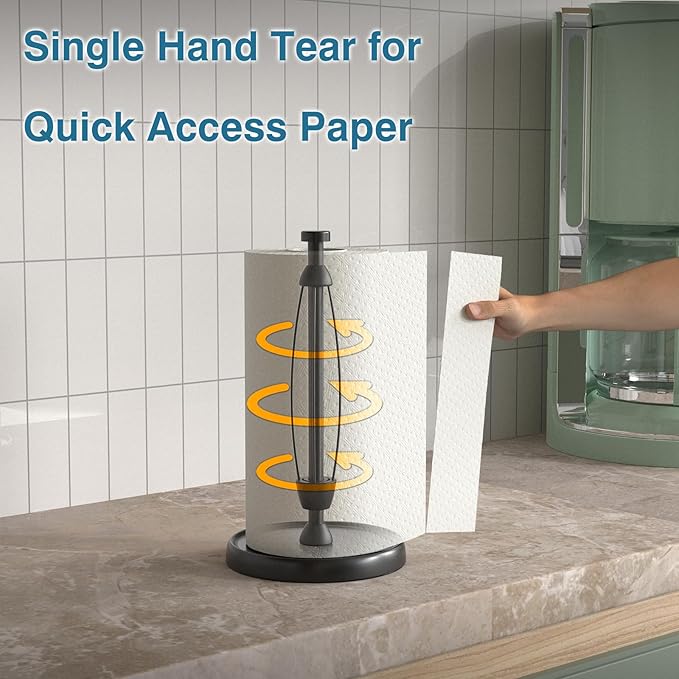 Paper Towel Holder Countertop, One-Handed Tear, Stainless Steel, Weighted Base, Black, Paper Towel Roll Holder Stand with Ratchet Mechanism for Kitchen Bathroom Farmhouse Essentials Decor Accessories