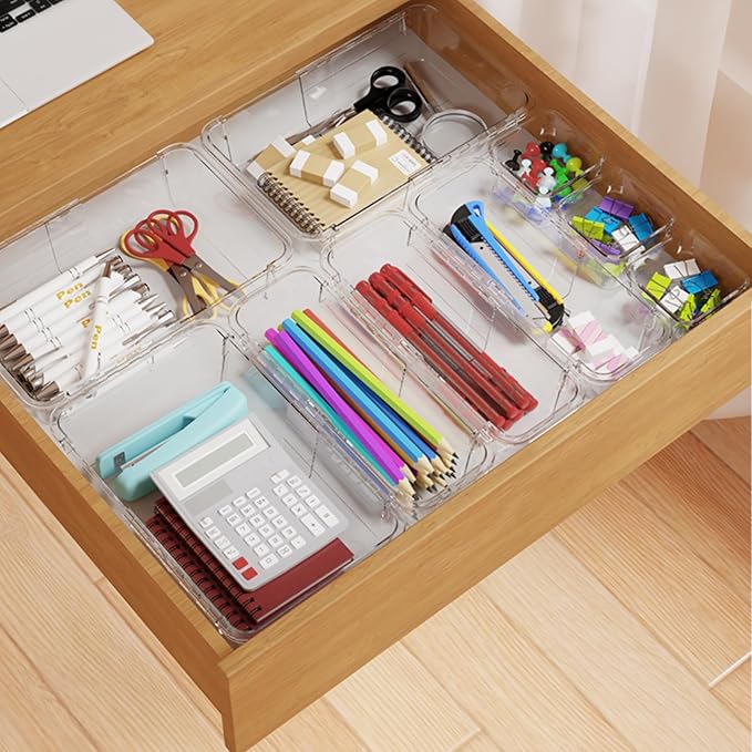 25 Pcs Extendable Clear Drawer Organizer, Adjustable Vanity Storage Box, 3-Size Desk Drawer Organizer, Non-Slip Storage Bins for Cosmetics, Jewelries, Stationeries, Tools, Cutleries, Toiletries