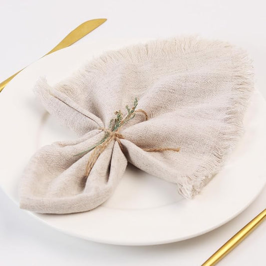 Handmade Cloth Napkins with Fringe,18 x 18 Inches Cotton Linen Napkins Set of 4 Versatile Handmade Square Rustic Fringe Napkins for Dinner, Wedding and Parties, Natural Linen