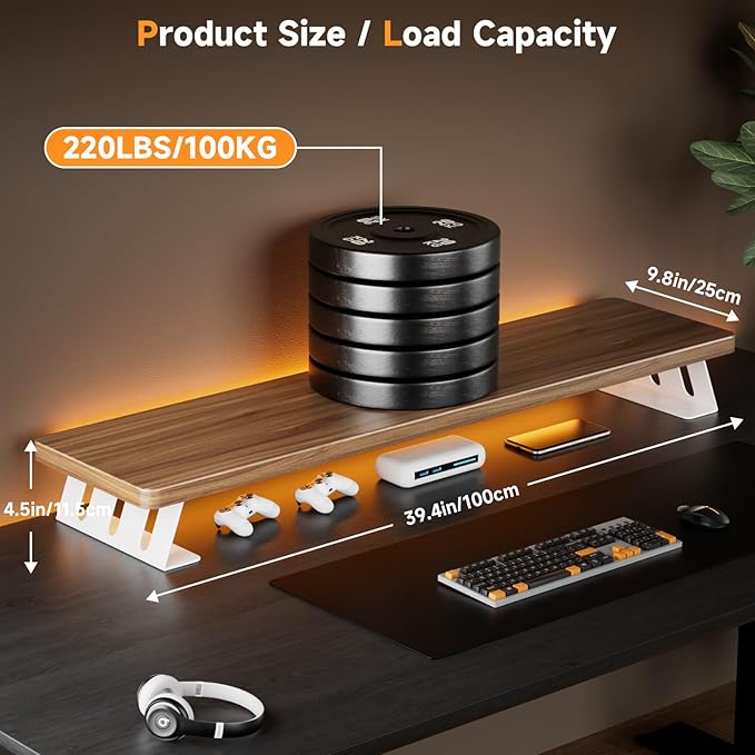 Dual Monitor Stand Riser, 39 Inch Large Wood Monitor Stands for 2 Monitors, Desk Monitor Riser for Computer/Laptop/Printer/TV, Stand Riser up to 220 lbs