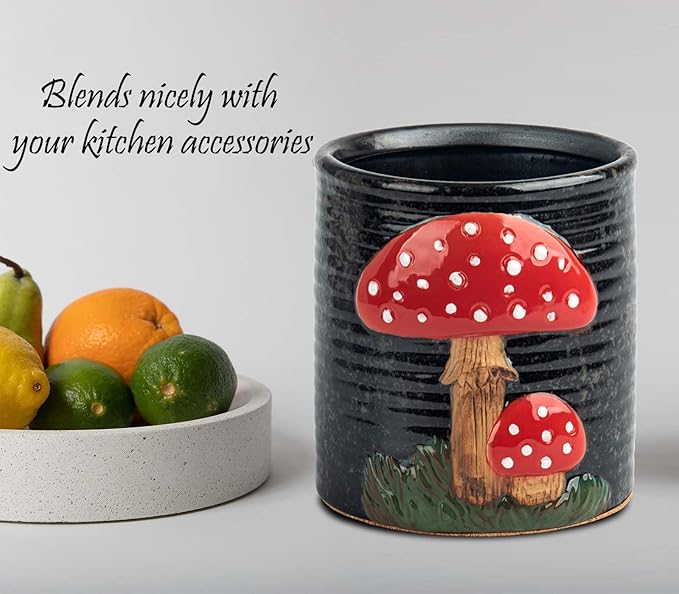 Mushroom Kitchen Utensil Holder For Countertop Ceramic Utensil Holder For Kitchen Counter Large Cooking Utensil Utensil Crock Holder Spatula Holder Utensil Organizer For Countertop