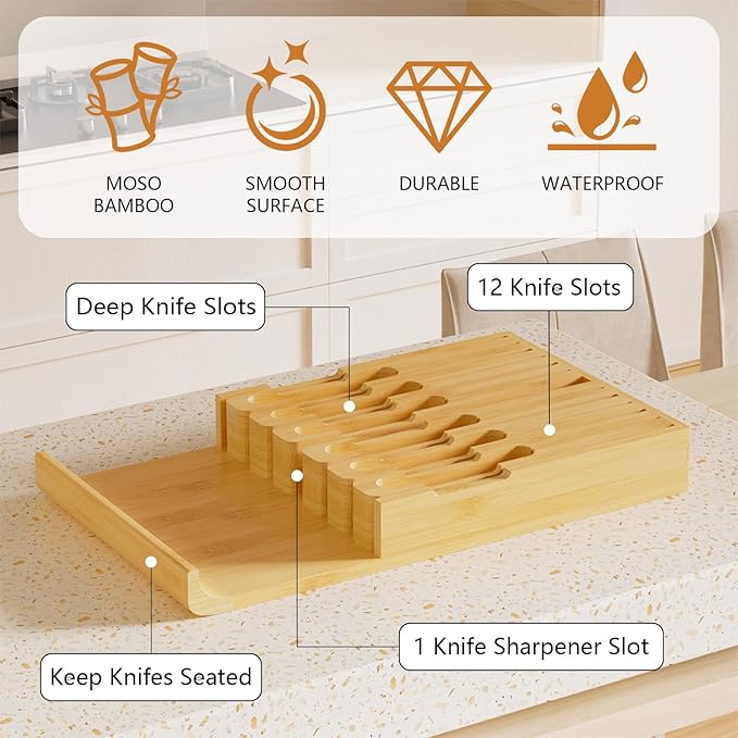 Domax Bamboo In-drawer Knife Block - Kitchen Knife Drawer Organizer Insert, Steak Knife Holder Without Knives, Drawer Knife Organizer Fits for 12 knives and 1 Sharpening Steel (Not Included)