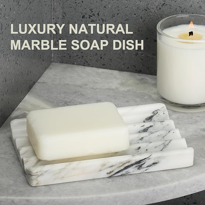 Koville African Natural Marble Soap Dish for Shower, Stone Soap Tray for Bathroom, Bar Soap Holder for Sink, Stripe Grooves Soap Saver Stone Dish Keep Bars Dry Easy Clean (Namib Bianco)
