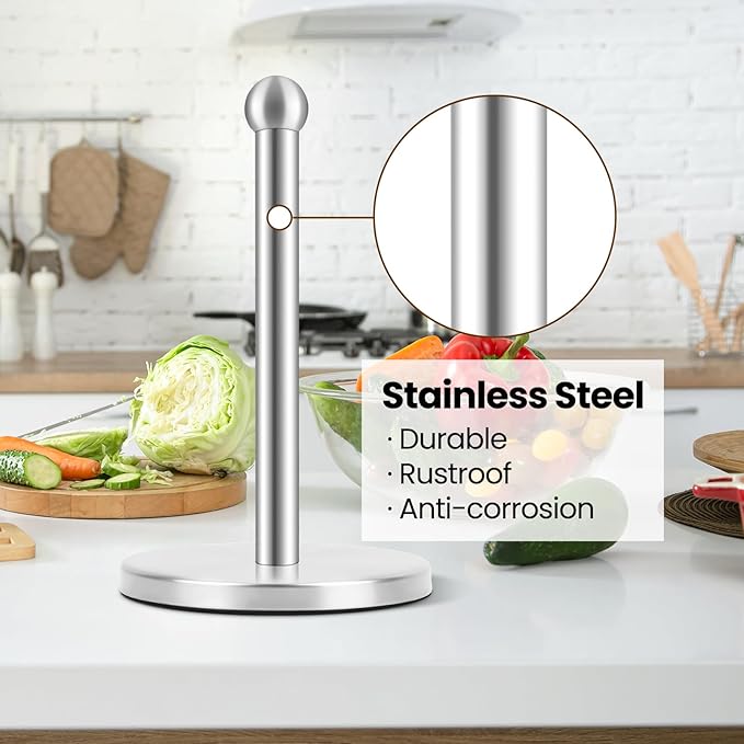 Paper Towel Holder, Kitchen Paper Towels Holder Stand, Stainless Steel Paper Towel Holder -Weighted Base, Non-Slip Protect The countertop - Silver