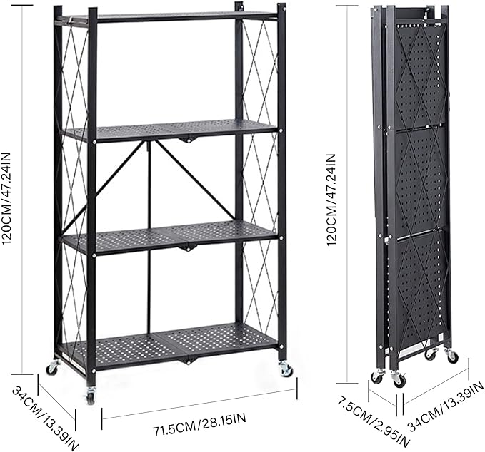 Foldable Storage Shelves with Wheels, Folding Shelving Units Storage, Heavy Duty Metal Collapsible Shelf No Assembly, Large Capacity Pop-Up Organizer for Garage,Kitchen,Living Room, 4-Tier Black