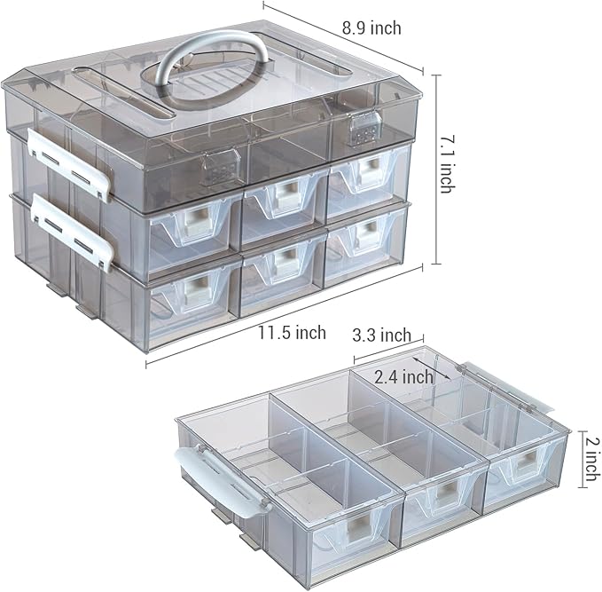 MyGift 11 Inch Smoke Gray Transparent Arts and Crafts Sewing Supplies Storage Organizer Case with White Accents, 24 Customizable Compartments, and 6 Drawers with Removable Dividers