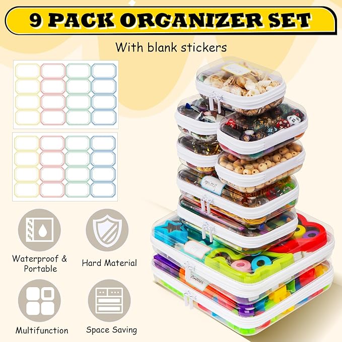 9 Pack Clear Hard Shell Zipper Case,Waterproof Toiletry Cosmetic Bag,Toy Organizers and Storage Box,Diaper Bag Organizer,Pencil Case,Clear Plastic Zipper Pouches for Office Home Storage(2L,2S,5Mini)