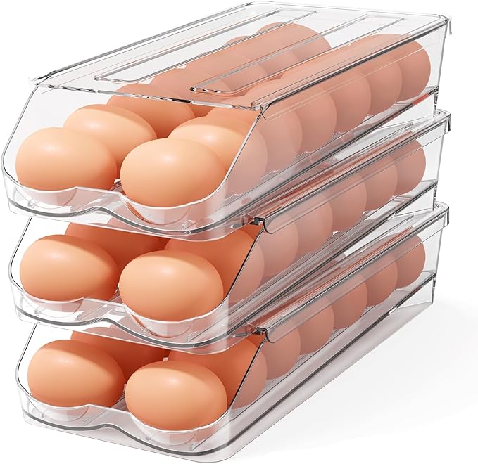 BOBELA Egg Holder for Fridge,Automatic Rolling Egg Container for Refrigerator,Clear Stackable Egg Organizer with Removable Lid for Fridge Organizers and Storage,3 pack