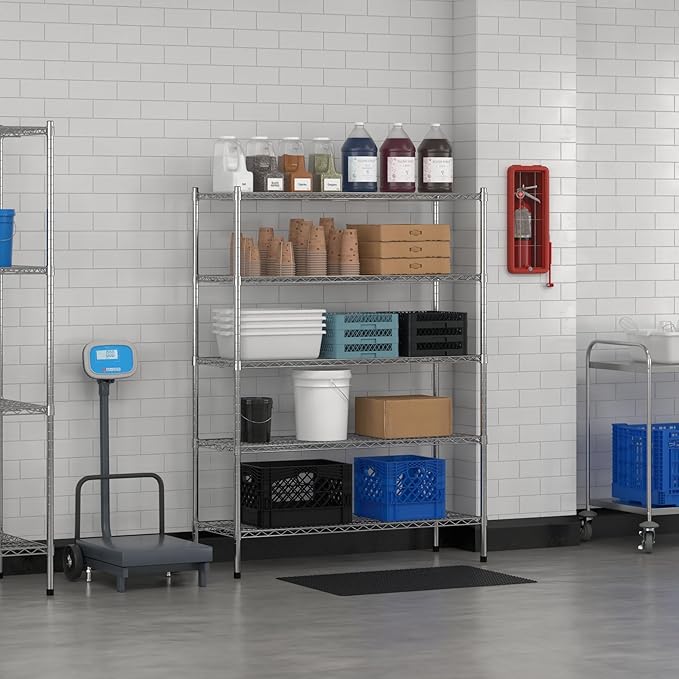 Commercial NSF Listed Chrome Stationary Wire Shelving Kit 18" x 48" x 64", with 5 Shelves Perfect for Warehouse, Walk-in Refrigerator, Freezer, Grocery Store, Restaurant, Dishroom