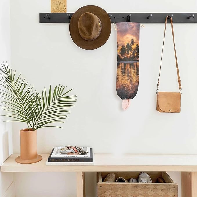 Plastic Bag Holder Wall Mount Grocery Bag Shopping Bag Storage Holder Organizer Dispenser with Adhesive Hook,for Kitchen Bathroom Home Decor 9x22 Inches Sunset Summer Palm Trees Island41
