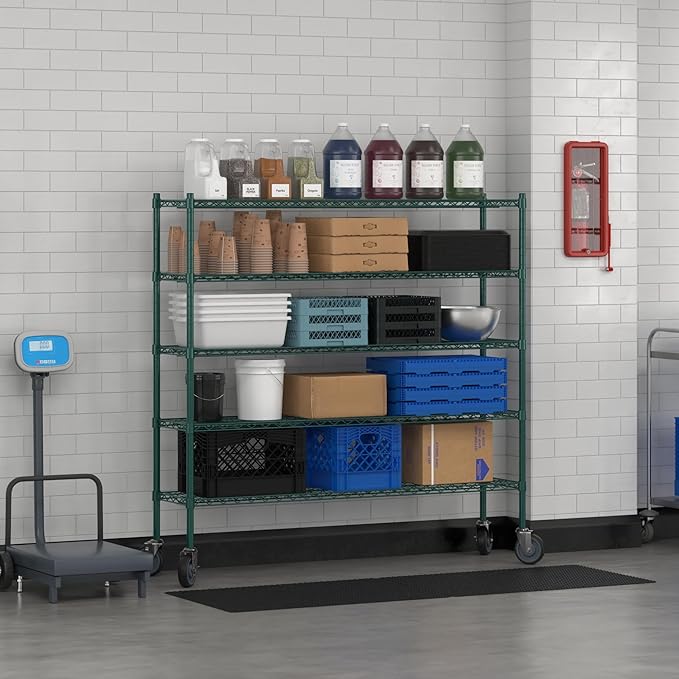 Commercial NSF Listed Green Epoxy Mobile Wire Shelving Kit 14" x 60" x 60", with 5 Shelves Perfect for Warehouse, Walk-in Refrigerator, Freezer, Grocery Store, Restaurant, Dishroom