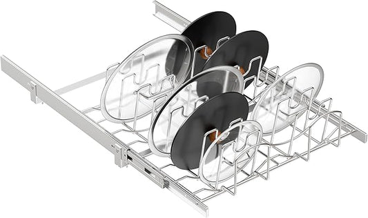 Slide Out Pot Lid Organizer Under Cabinet, Wire Dividers Kitchen Pull Out Pot Lid Storage Rack Holder, Full-Extension Rail 21" W*22" D