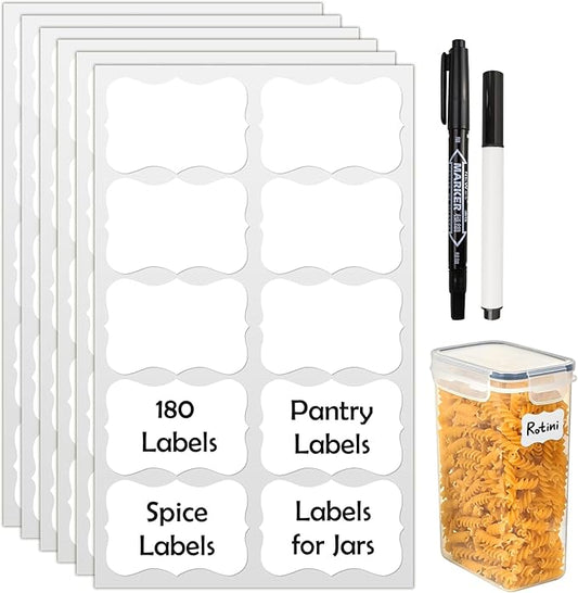 JIEHENG 180Pcs Chalkboard Labels for Jars, Waterproof Reusable Blackboard Stickers with 2 Liquid Chalk Markers, Organization Labels Removable (White, Wavy)