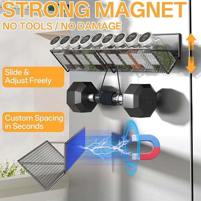 Magnetic Spice Rack for Refrigerator 4-Pack, Tilt Magnetic Fridge Shelves, 14-16.5 inch, 100% Metal, Holds 32 Jars, Strong Magnet Spice Organizer for Small Apartment Kitchen/ Laundry, Space Saving