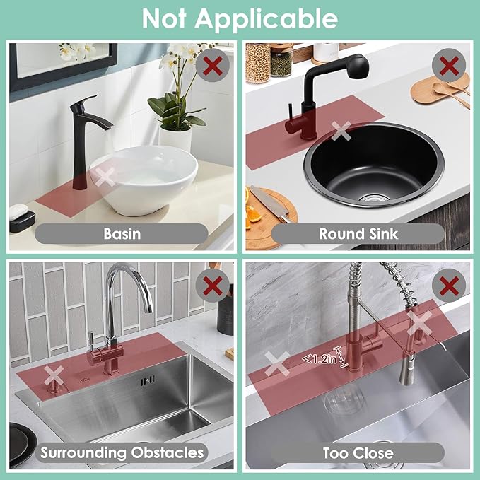 17.7 Inch Silicone Faucet Mat for Kitchen Sink Splash Guard - 7° Slope Water Draining Mat with Fasten Button for Bathroom Area (Black, 17.7''x5.5'')