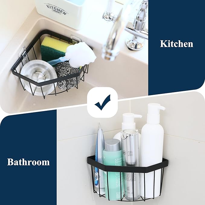 Sea Team Adhesive Corner Caddy, Sink Organizer, Soap, Drain Plug, Sponge Holder, Multifunctional Rustproof Carbon Steel Storage Basket, Wall Mounted Shelf Rack for Kitchen, Bathroom, Black
