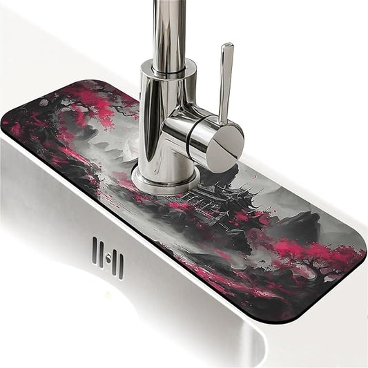 Kitchen Sink Splash Guard，Night mountain temple Faucet Mat Sink Gadgets-Super Absorbent Fast Drying Mat Drip Catcher for Kitchen, Bathroom,Sink Mat, Dish Drying Mat, Bathroom(15" X 5.5" )