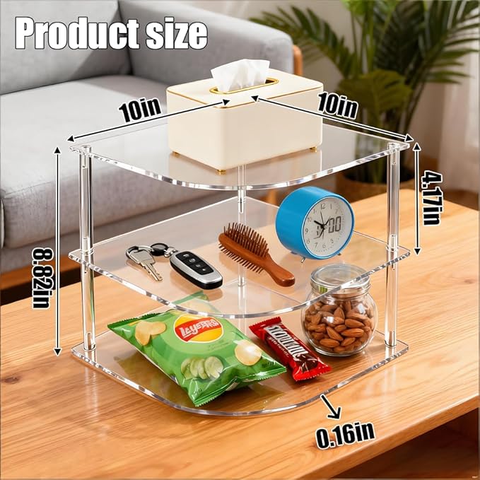 Plate Organizer for Cabinet Space Saver, Clear Acrylic 3-Tier Corner Shelf for Kitchen Storage, Holds Dishes and Bowls, Compact Bathroom Shelf for Organized Spaces