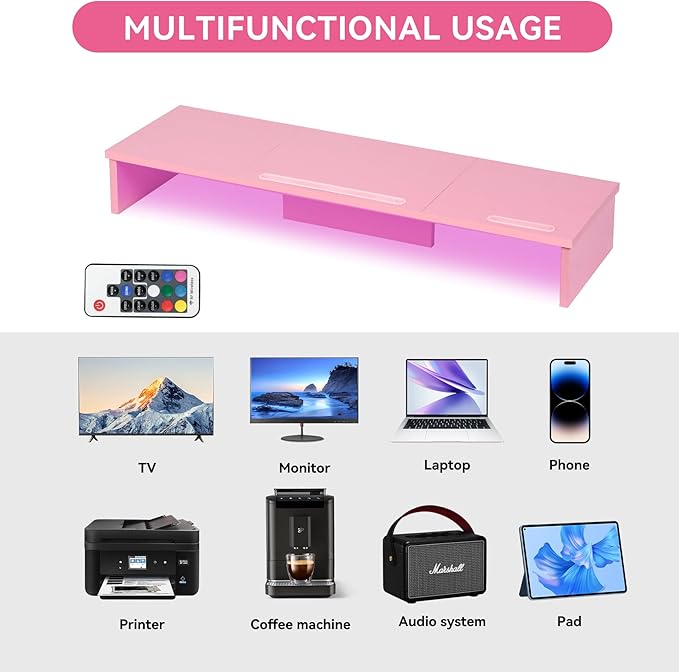 TV Riser Stand with LED Lights, 42.5in Super Large Monitor Stand with Phone Tablet Holder, Tabletop TV Stand Riser for Desk, Desktop Organizer for Computer, TV, Laptop, Printer