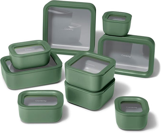 Caraway 22pc Glass Food Storage Set - Storage Containers for Food - Non-Toxic Ceramic-Coated Glass - Air Release Technology - Compact & Stackable Design - Sage