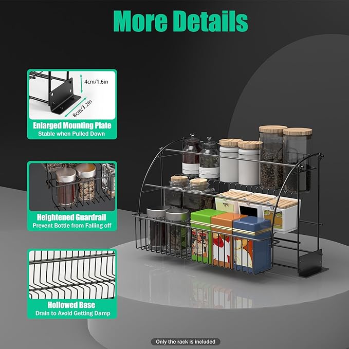 3-Tier Pull Down Spice Rack Organizer, Black Kitchen Shelf for Inside Cabinet, Countertop Storage Rack Space-Saving Organizer for Home Cooks